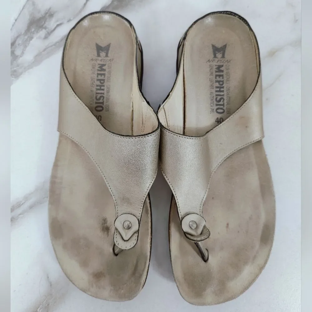 Mephisto Air-Relax Metallic Gold Leather Thong Sandals, Sz 10